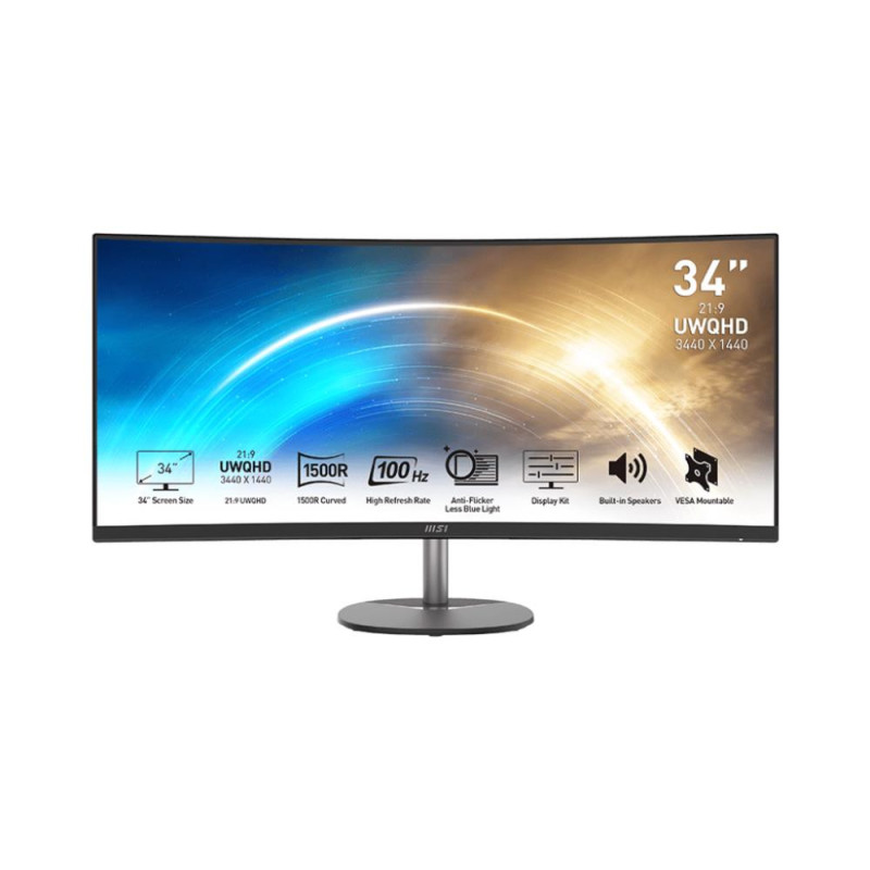 LCD Monitor, MSI, PRO MP341CQ, 34&quot;, Business / Curved / 21 : 9, Panel VA, 3440x1440, 21:9, 100Hz, Matte, 4 ms, Spea