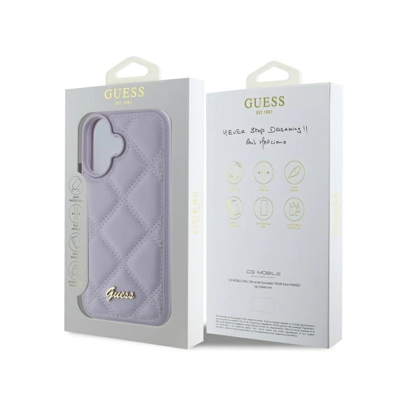 Guess Quilted Metal Logo dėklas, skirtas iPhone 16 - šviesiai violetinė