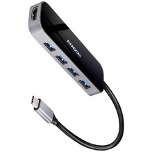 Axagon kelių prievadų USB 3.2 Gen 1 šakotuvas. HDMI, keturi USB-A išėjimai ir maitinimo tiekimas. USB-C kabelis 20 cm.