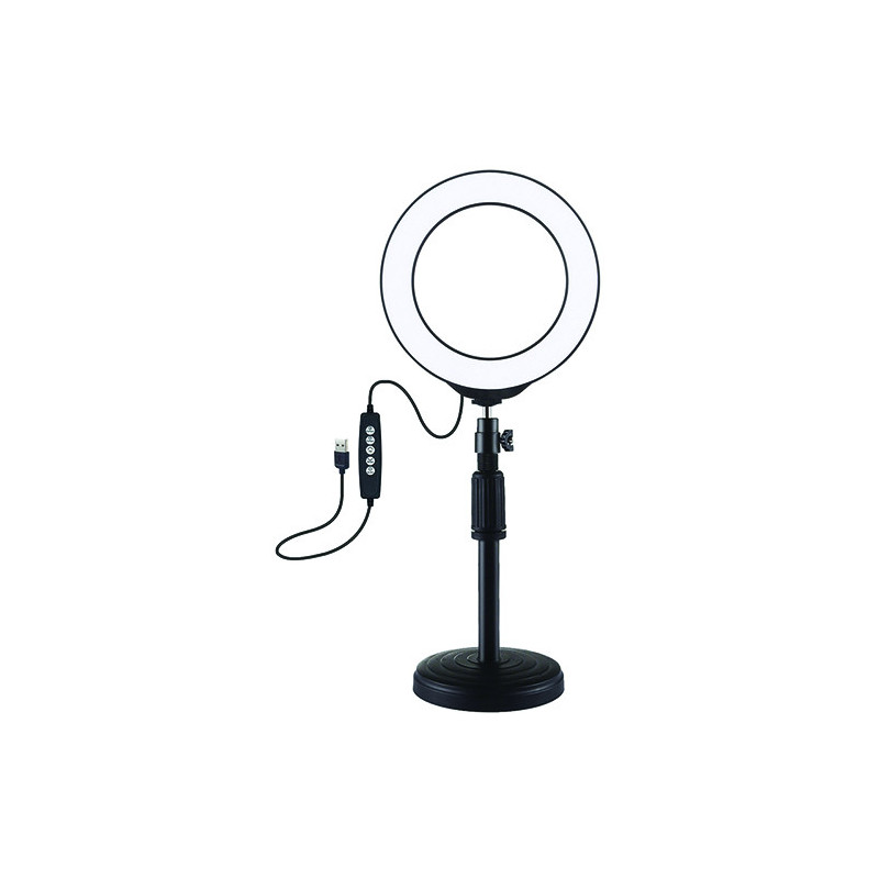 LED žiedinė lempa 16cm, su stovu iki 33cm, USB, RGBW