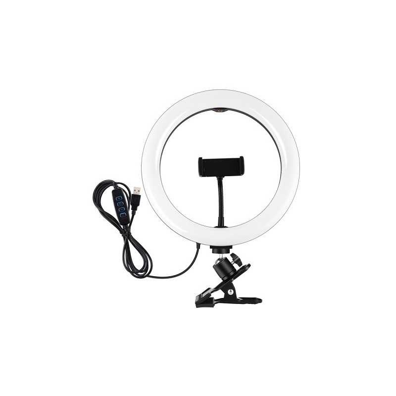 LED Ring Lamp 26cm, with Phone Holder and Mounting Clamp, USB