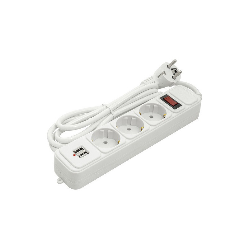 Extension cord 1.8m, 3 sockets + 2 USB, with switch