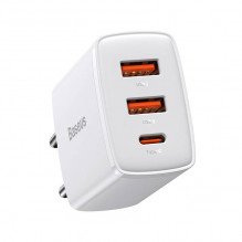 Baseus Compact Quick Charger wall charger, 2xUSB, USB-C, PD, 3A, 30W (white)