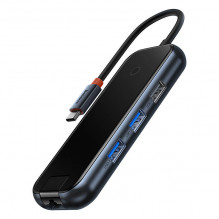 Hub 5in1 Baseus AcmeJoy serijos USB-C iki 2xUSB 3.0 + USB 2.0 + USB-C PD + RJ45 (tamsiai pilka)