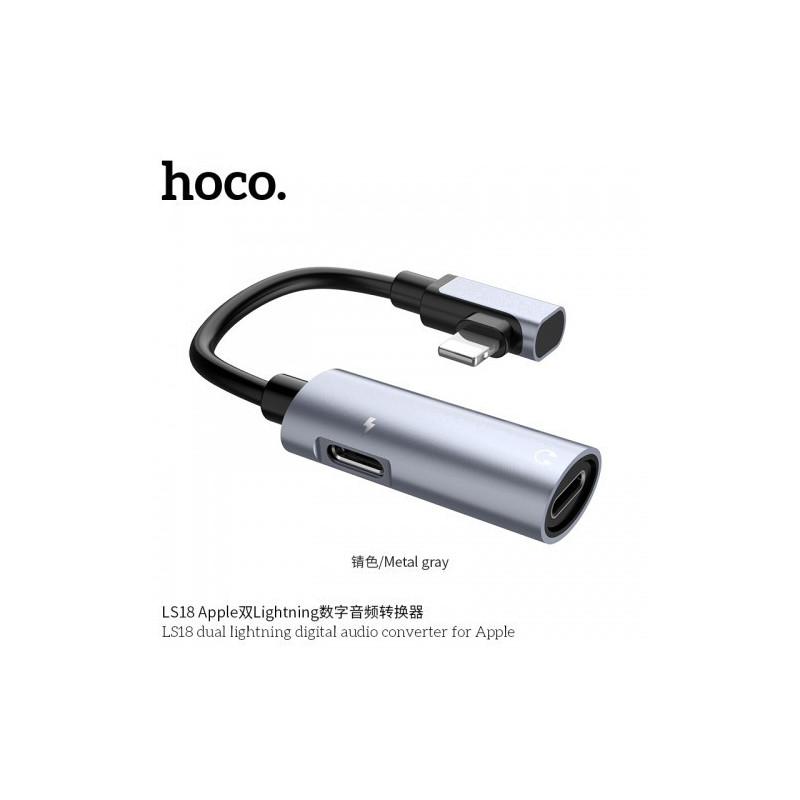 HOCO LS18 APPLE Lightning adapteris įkrovimui ir muzikos klausymui vienu metu, metališka pilka spalva