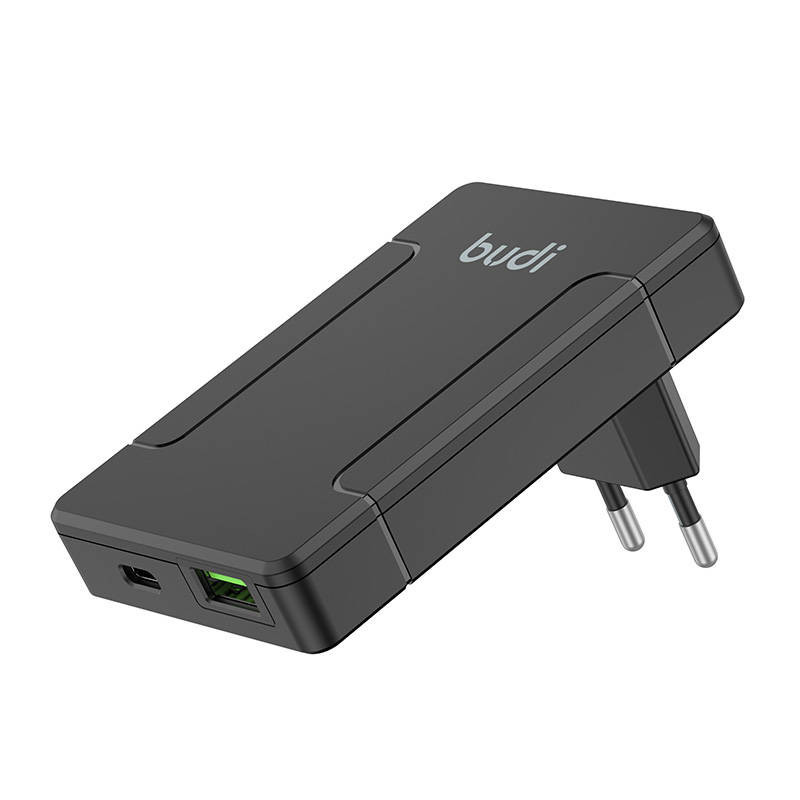 Budi universal wall charger, USB + USB-C, PD 65W + EU/ UK/ US/ AU adapters (black)