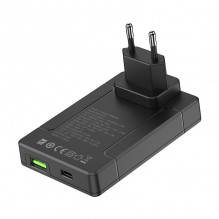 Budi universal wall charger, USB + USB-C, PD 65W + EU/ UK/ US/ AU adapters (black)