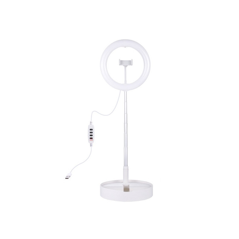 LED žiedinė lempa 26cm, su stovu iki 138cm, su telefono laikikliu, USB