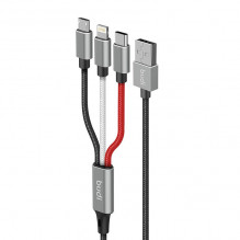 „Trys viename“ USB prie „Lightning“ / USB-C / „Micro USB“ kabelis „Budi 2.4A“, 1 m, pintas (juodas)