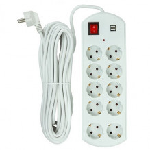 Extension cord 10m, 10 sockets, 2x USB, with switch