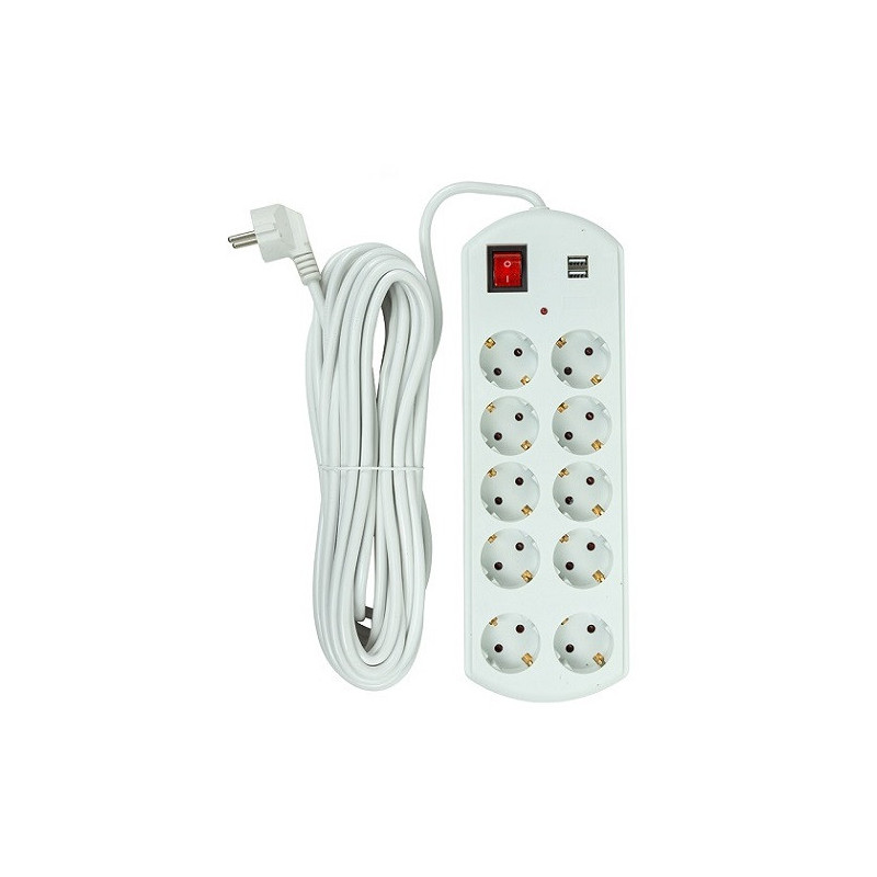 Extension cord 10m, 10 sockets, 2x USB, with switch