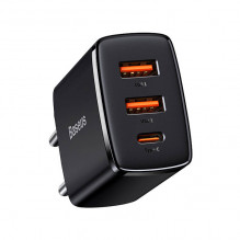 Įkroviklis Baseus kompaktiškas greitas įkroviklis, 2xUSB, USB-C, PD, 3A, 30W (Czarna)