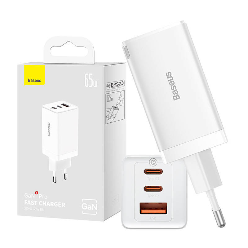 Sieninis įkroviklis Baseus GaN5 Pro 2xUSB-C + USB, 65W (baltas)