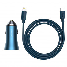 Baseus Golden Contactor Pro automobilinis įkroviklis, USB + USB-C, QC4.0+, PD, SCP, 40W (mėlyna) + USB-C - žaibo laidas 