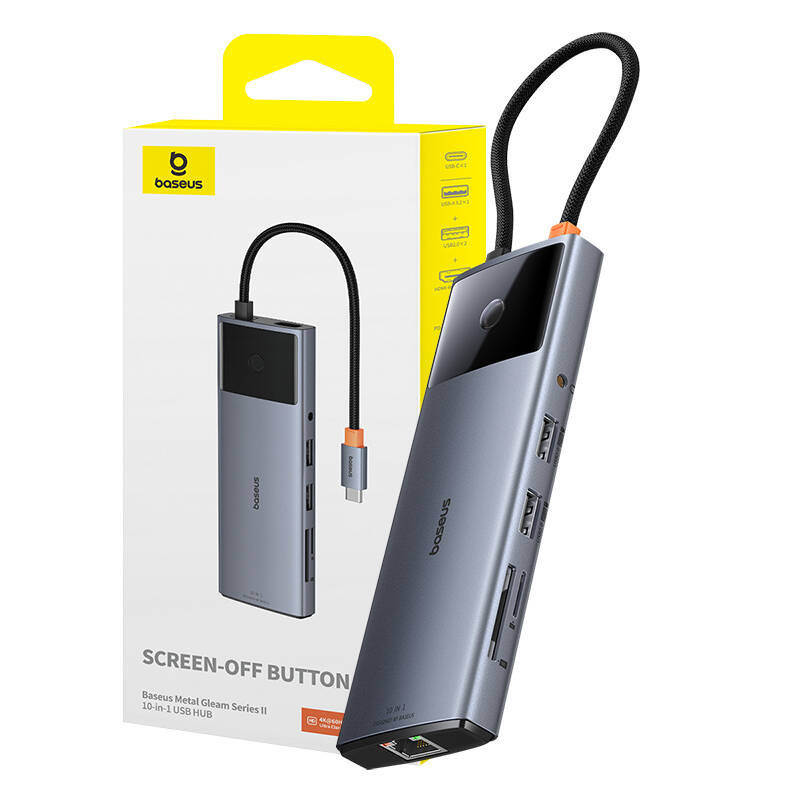 Hub 10in1 Baseus Metal Gleam II Series, USB-C to 1xHDMI, USB-A (10Gbps), USB-C, 2xUSB-A, Ethernet RJ45, SD/ TF card, min