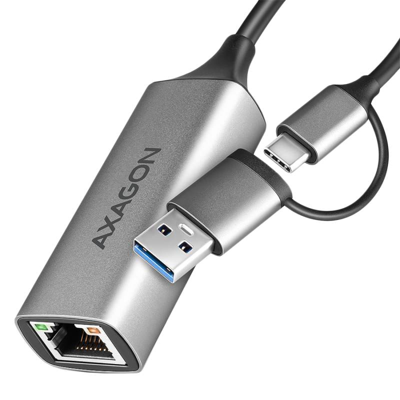 AXAGON ADE-TXCA USB-C USB3.2 Gen 1 + USB-A sumažinimas - Gigabit Ethernet 10/ 100/ 1000 Adapteris, metalinis, titaninės 