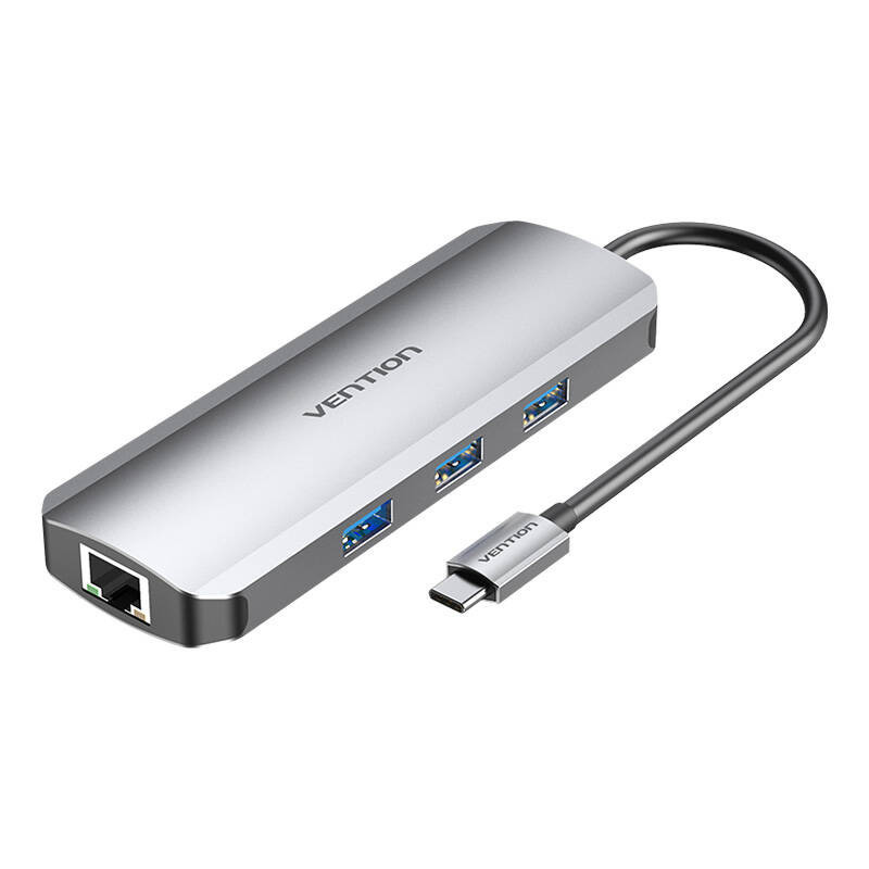 USB-C prijungimo stotis prie HDMI, 3x USB3.0, RJ45, SD, TF, PD 0,15 m Vention TOKHB (pilka)