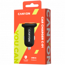 CANYON C-01, Universalus 1xUSB automobilinis adapteris, Įėjimas 12V-24V, Išėjimas 5V-1A, juodos gumos danga su oranžiniu