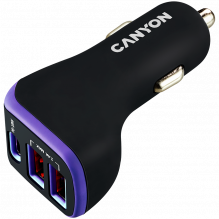 CANYON automobilinis įkroviklis C-08 PD 18W USB-C 2USB-A Black Purple