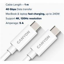 CANYON kabelis UC-44 USB-C į USB-C 240W 40Gbps 4k 1m baltas
