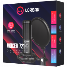 LORGAR Voicer 721, Gaming Microphone, Black, USB condenser microphone with tripod stand and pop filter, including 1 micr