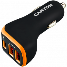 CANYON automobilinis įkroviklis C-08 PD 18W USB-C 2USB-A Juoda oranžinė