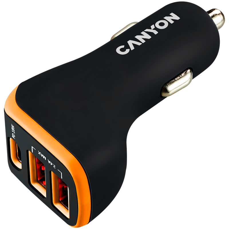 CANYON automobilinis įkroviklis C-08 PD 18W USB-C 2USB-A Juoda oranžinė