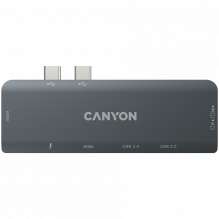 CANYON DS-5, Multiport Docking Station with 7 port, 1*Type C PD100W+2*HDMI+1*USB3.0+1*USB2.0+1*SD+1*TF. Input 100-240V, 