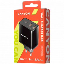 CANYON įkroviklis H-08 PD 30W USB-C 2USB-A Juodas