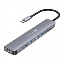 Lention 8in1 Hub USB-C iki 3x USB 3.0 + SD/ TF + PD + USB-C + HDMI 4K60Hz (pilka)