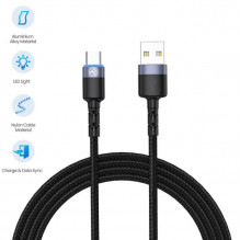 „Tellur“ duomenų kabelis USB su C tipo LED nailoniniu pintu 1,2 m juodu