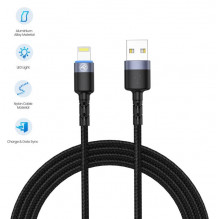 „Tellur“ duomenų kabelis USB su „Lightning LED“, nailoninis, 1,2 m juodas