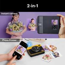 Geltona „Kodak Mini Shot 3 Square“ retro momentinė kamera ir spausdintuvas