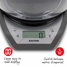 Salter 1024 SVDR14 elektroninės virtuvės svarstyklės su dvigubu maišymo dubeniu, sidabro spalvos