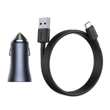 Baseus Golden Contactor Pro automobilinis įkroviklis, USB + USB-C, QC4.0+, PD, SCP, 40 W (pilka) + USB į USB-C laidas 1 
