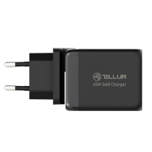 Tellur GaN 65W 3 prievadų sieninis įkroviklis, 2xUSB-C + USB-A, ES, JK, JAV, juoda