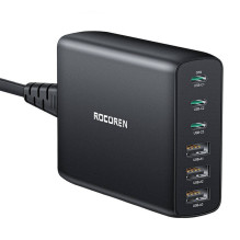 Sieninis įkroviklis GaN Rocoren 3x USB-C, 3x USB, 100W (juodas)