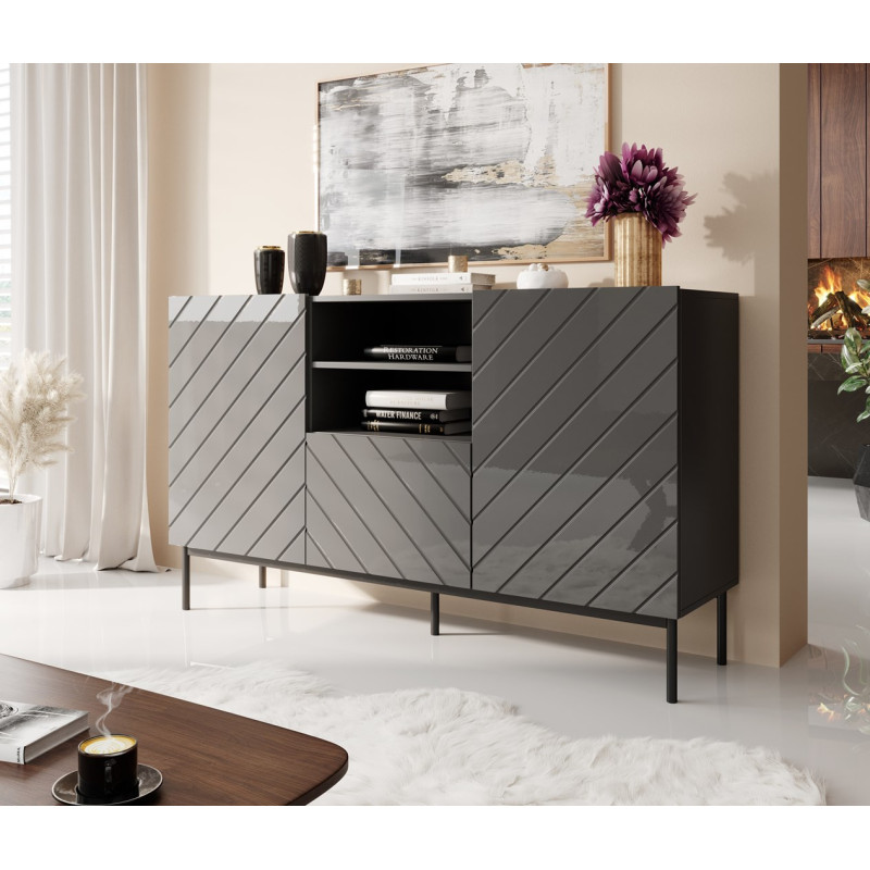 ABETO chest of drawers on black steel frame 150x42x90 graphite / glossy graphite