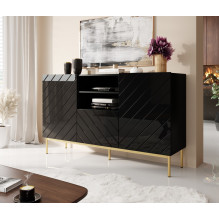 ABETO chest of drawers on golden steel frame 150x42x90 black / black gloss