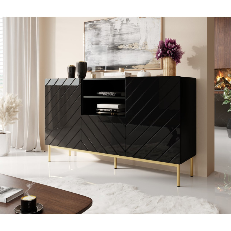 ABETO chest of drawers on golden steel frame 150x42x90 black / black gloss