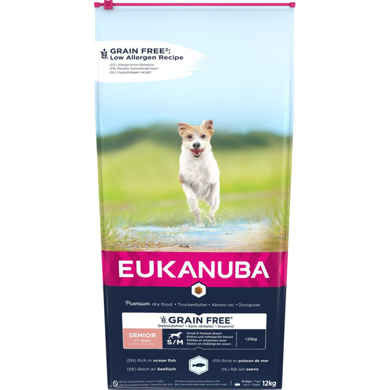 EUKANUBA Grain Free Senior mažos / vidutinės veislės, Okeaninės žuvys - sausas šunų maistas - 12 kg