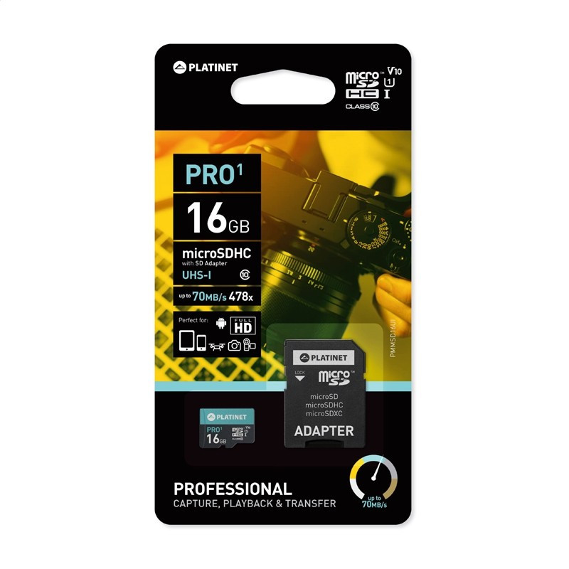 Atminties korta Platinet MicroSD 16GB (class10 UHS-I 70MB / s) + SD Adapteris