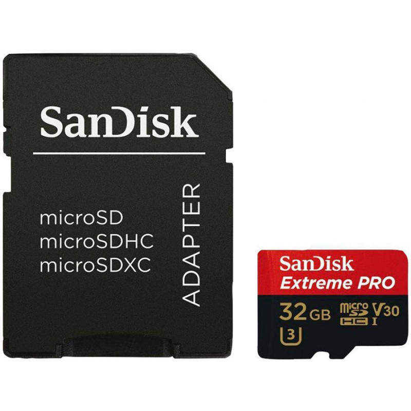 SanDisk Extreme PRO microSDHC 32GB + SD adapteris + RescuePRO Deluxe 100MB/ s A1 C10 V30 UHS-I U3, EAN: 619659155414