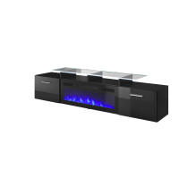 RTV cabinet ROVA with electric fireplace 190x37x48 cm black / black gloss