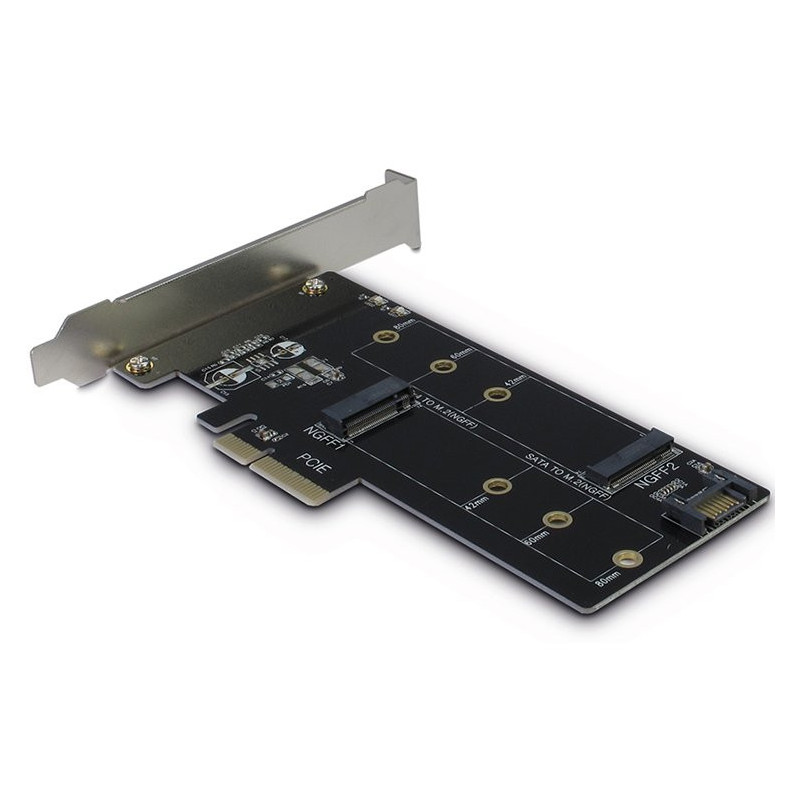 INTER-TECH PCIe adapteris, skirtas M.2 (1x M.2 S-ATA į S-ATA 7pin (maitina PCIe) + 1x M.2 PCIe x4 v3.0)