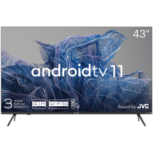 43 colių, UHD, Android TV 11, juoda, 3840x2160, 60 Hz, JVC garsas, 2x12W, 53 kWh/ 1000h, BT5.1, HDMI prievadai 4, 24 mėn