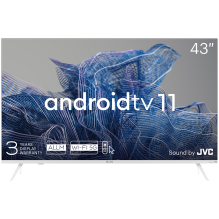 43 colių, UHD, Android TV 11, balta, 3840x2160, 60 Hz, JVC garsas, 2x12W, 53 kWh/ 1000h, BT5.1, HDMI prievadai 4, 24 mėn