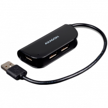 Handy four-port USB 2.0 hub with a permanently connected USB cable. Black.