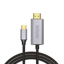 USB-C į HDMI 2.0B laidas, 2 m, sidabrinis / juodas, auksiniai antgaliai, SAVIO CL-171