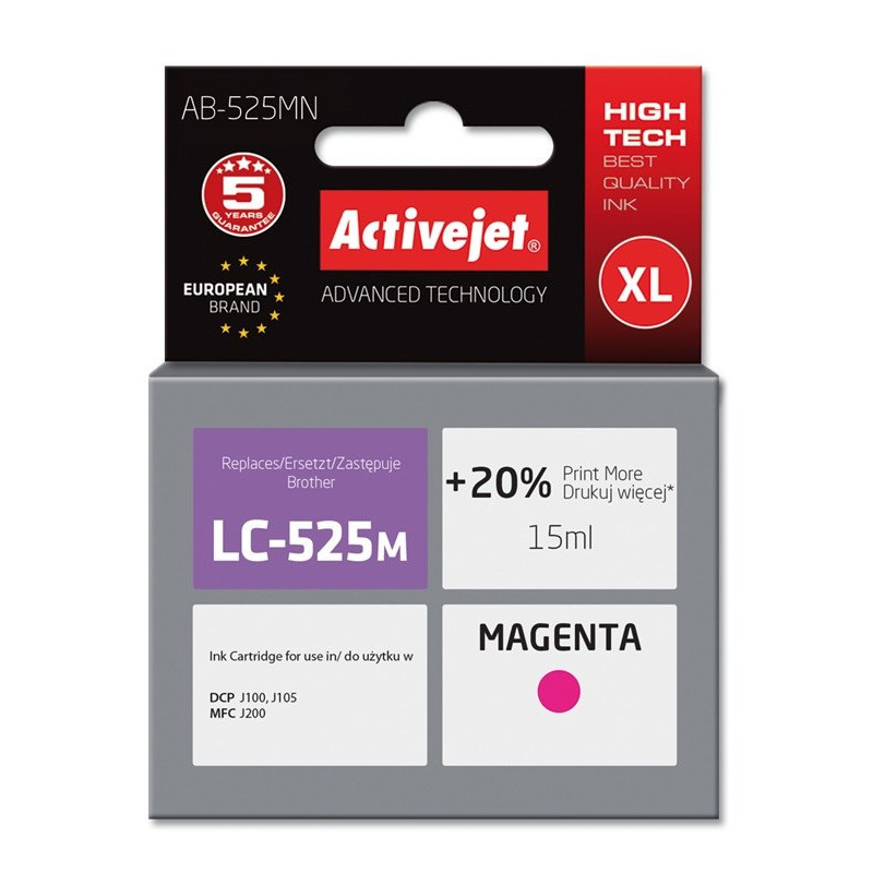 Activejet AB-525MN Ink Cartridge (Replacement for Brother LC525M Supreme 15 ml magenta). Prints 20% more than OEM.